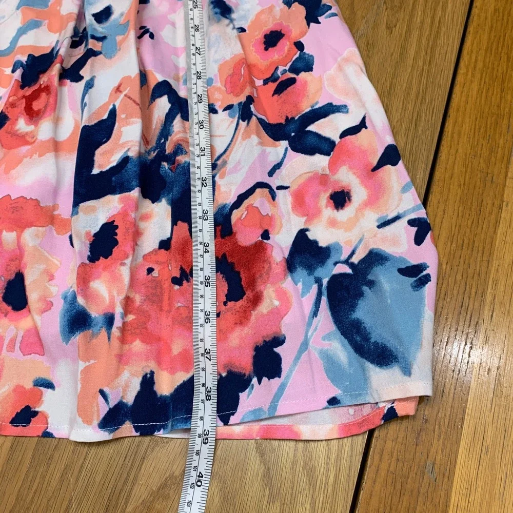 Staccato Pink Blue Floral Tiered Halter V-Neck Rayon Dress Size Large‎ 71397A